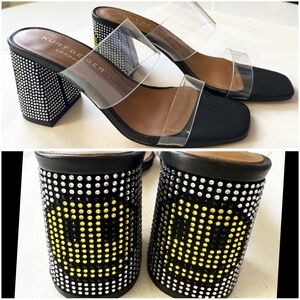 (NWOT) Kurt Geiger Party Clear Embellished Smiley Face Block Heel Sandals 6.5